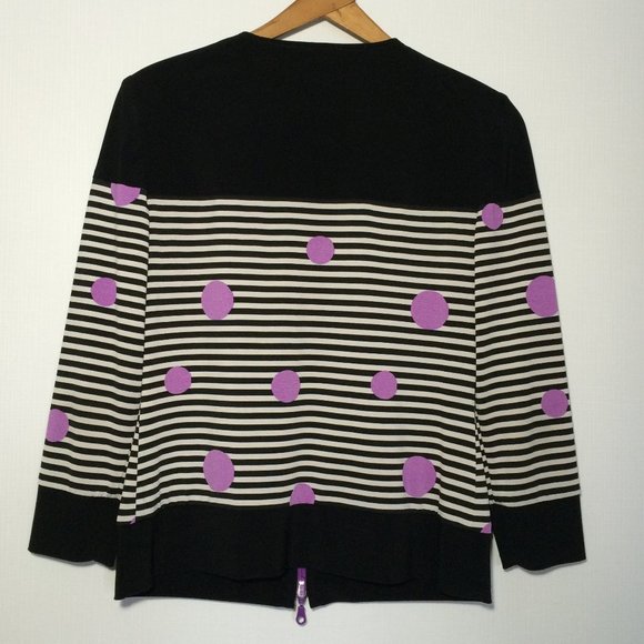 Joseph Ribkoff Full Zip Blouse Jacket Sz 8 Black White Striped Purple Dots - Picture 2 of 8
